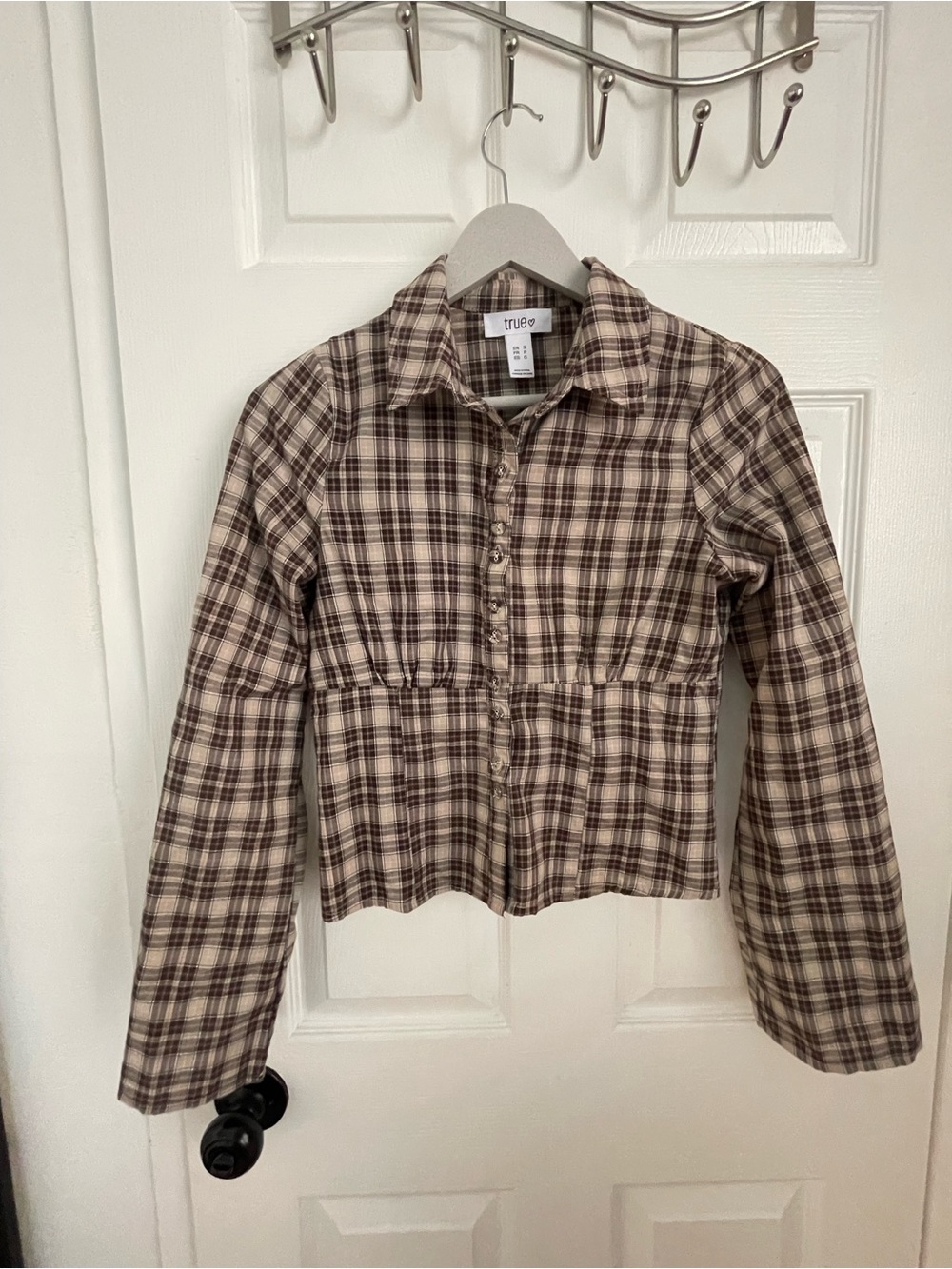 True Vintage-Inspired Brown Plaid Button-Up top.
